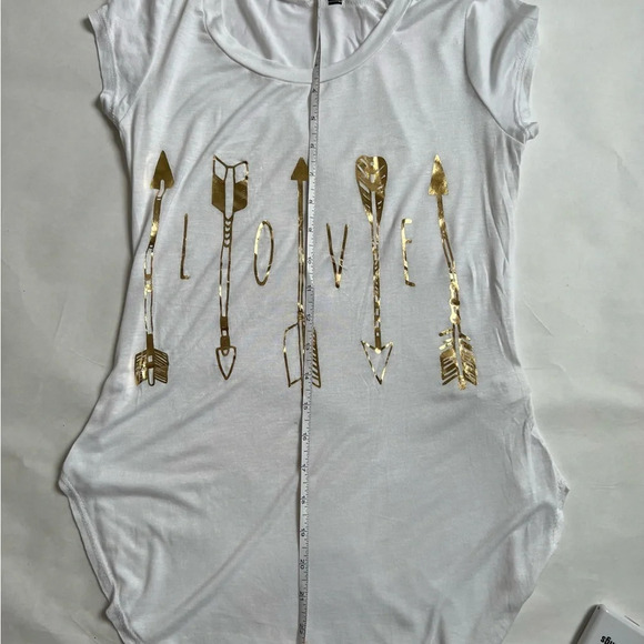 Women LOVE Golden Arrow Letter Printing White Soft Lightweight T-Shirt S NWOT - Picture 5 of 9